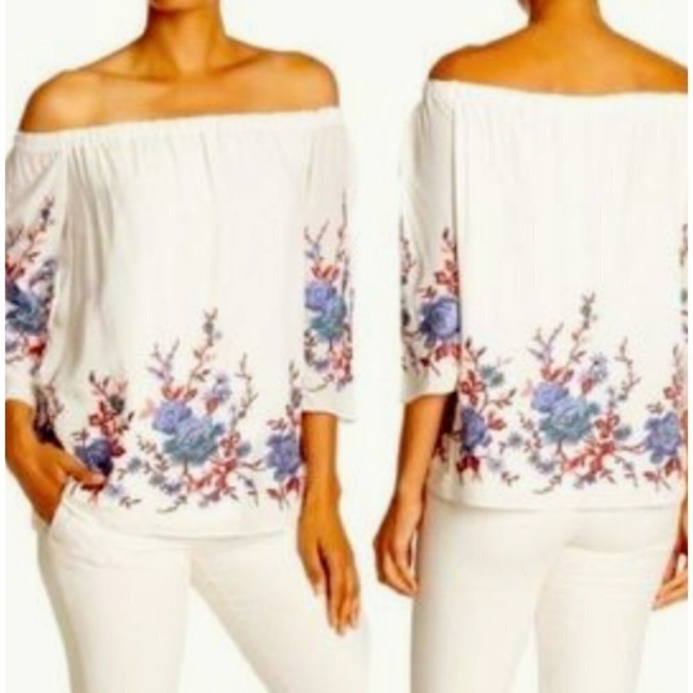 DREW White Floral Embroidered Off the Shoulder Boho Top Size XS